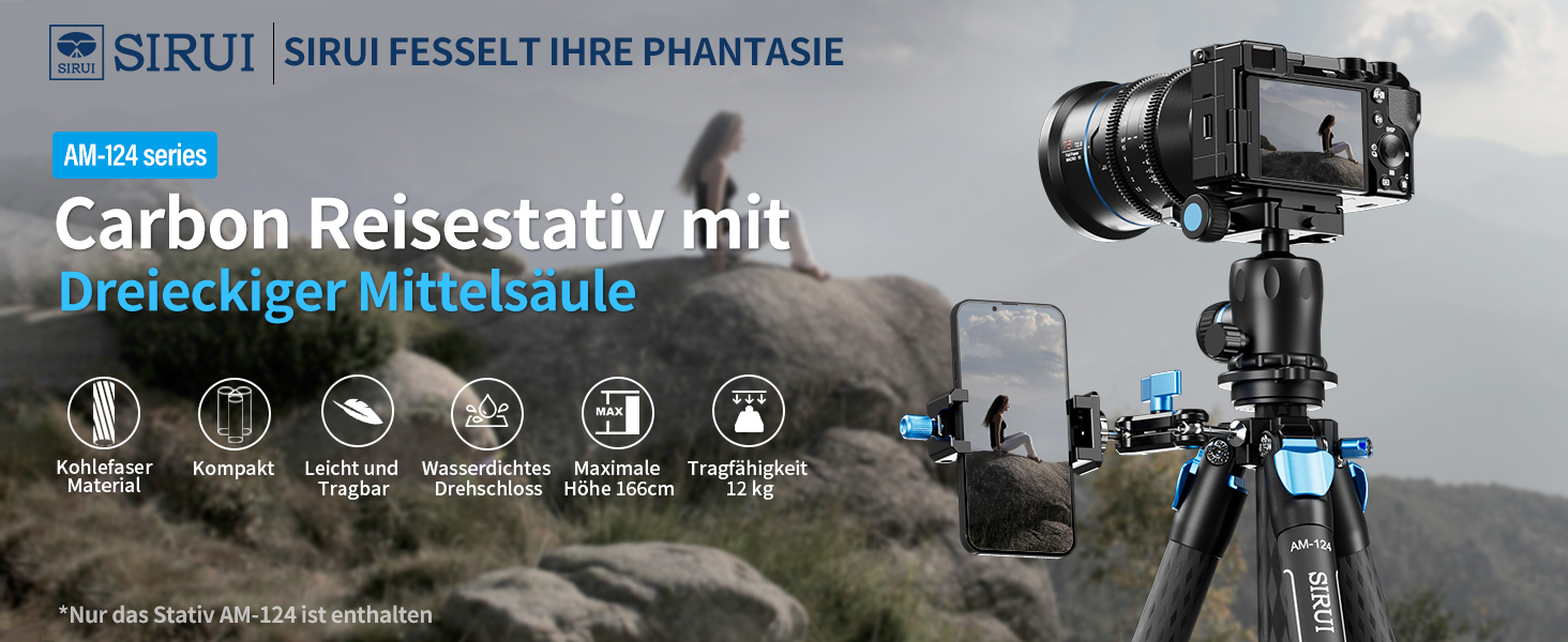Штатив SIRUI AM124 з кульковою головкою AM01, карбоновий, для камери, легкий, туристичний, водонепроникний, 159 см, навантаження 12 кг