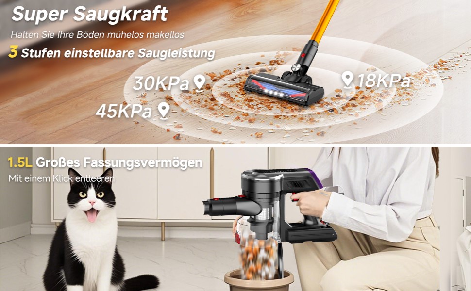 Акумуляторний бездротовий пилосос Hearten 4-в-1 з LED-дисплеєм та антизаплутувальною щіткою, керуванням в один дотик, LED-підсвічуванням для шерсті тварин/килимів/твердих підлог (Золотий)