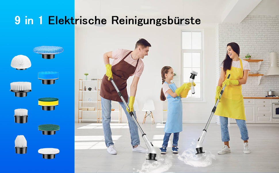 Електрична щітка для прибирання 9 в 1, 34-130 см, 2 режими, для ванної, кухні, плитки та авто, біла
