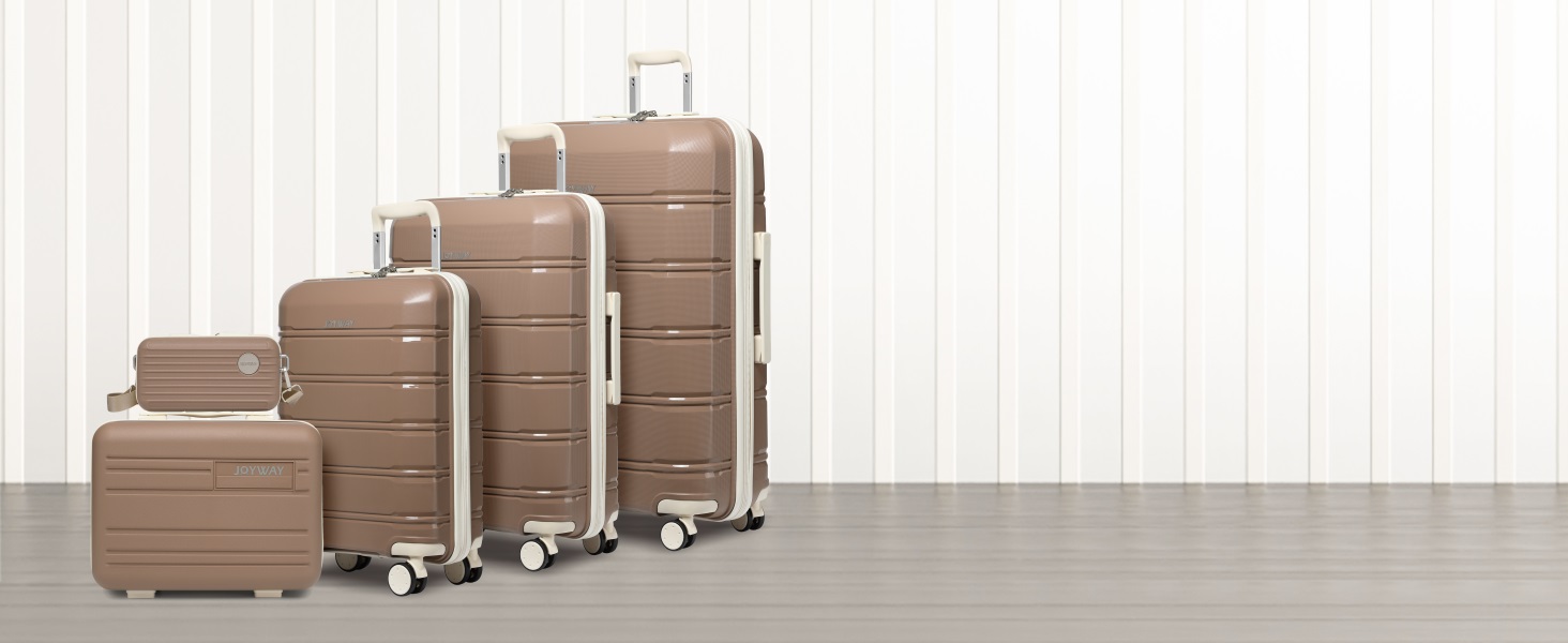Набір валіз Joyway 3 в 1 з твердим корпусом, 4 колеса, TSA-замок, коричневий/білий. В комплекті: косметичка та сумка для перенесення.