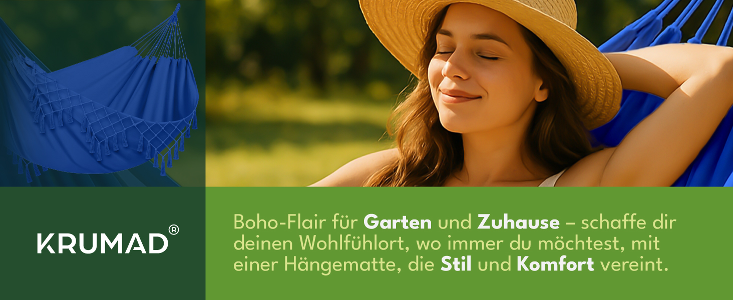 Гамак KRUMAD 260 см, до 250 кг, водостійкий, бавовна-поліестер, для саду, балкону, кемпінгу, з дерев'яними розпірками та сумкою (Синій, 150x200 см)