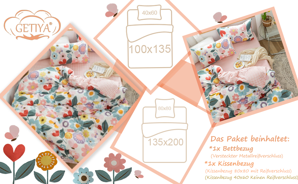 Бетінгова постільна білизна Bunt Blumen 100x135/40x60 - бавовна, квітковий принт, рожево-біла, для дітей