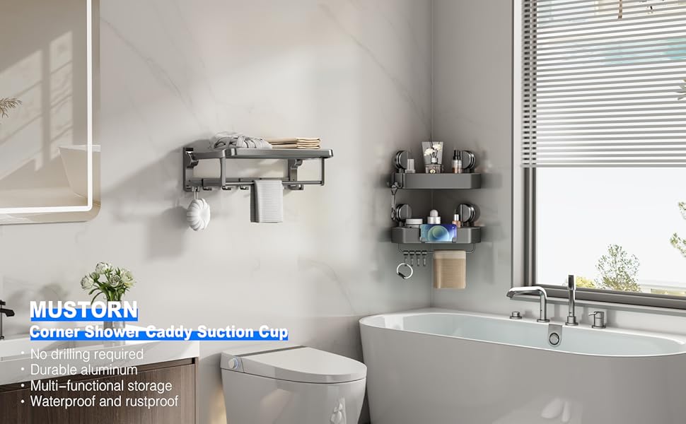 Поличка для душу без свердління, кутова поличка для ванної кімнати з присосками, корзина для душу з тримачем для рушників та знімними гачками (2 шт., сіра)