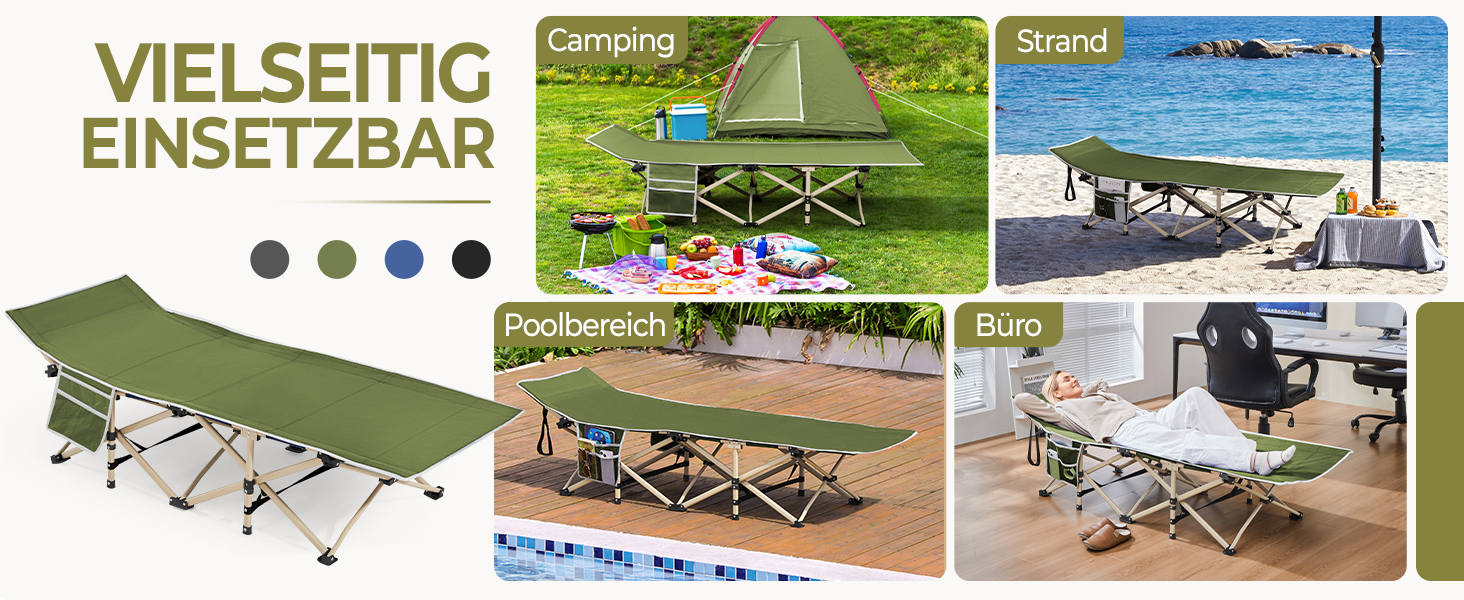 Ліжко-розкладачка Yaheetech для кемпінгу, зелене, до 150 кг, з бічною кишенею та сумкою для транспортування