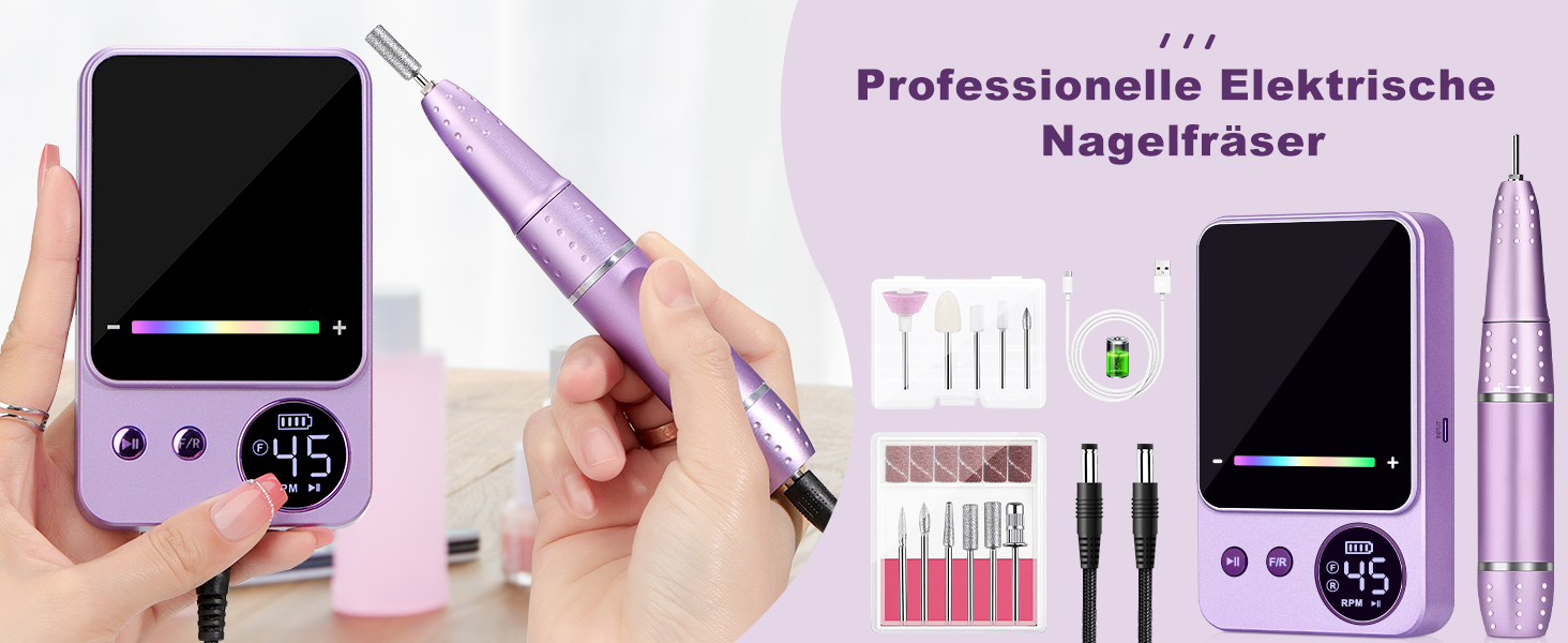 Електричний фрезер для нігтів, 45000 об/хв, професійний манікюрний апарат з LED-дисплеєм, бездротовий набір для манікюру та педикюру