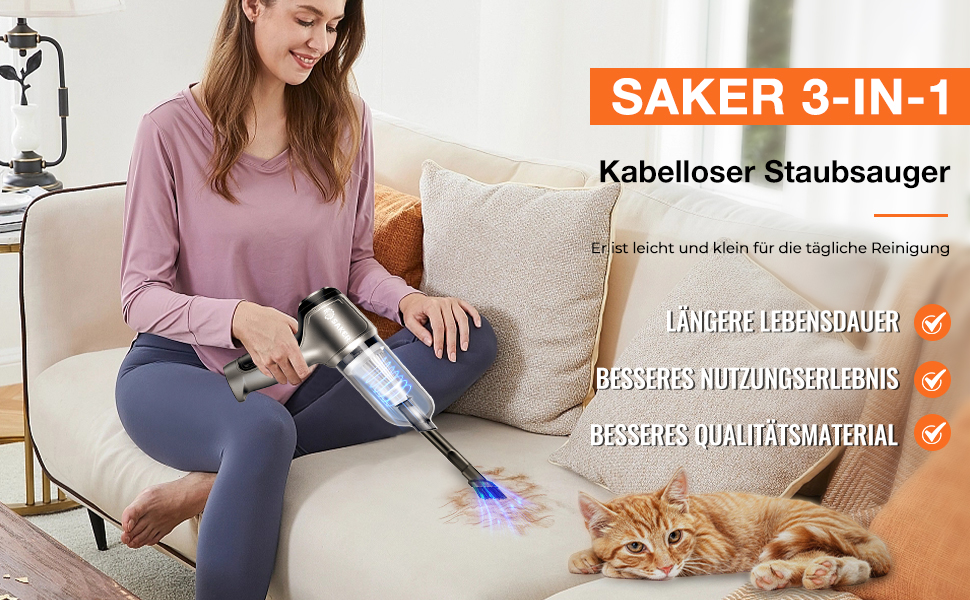 Портативний бездротовий пилосос Saker 3-в-1 з двигуном Brushless, 12KPA, USB-C, для дому, офісу та видалення шерсті тварин (срібний)