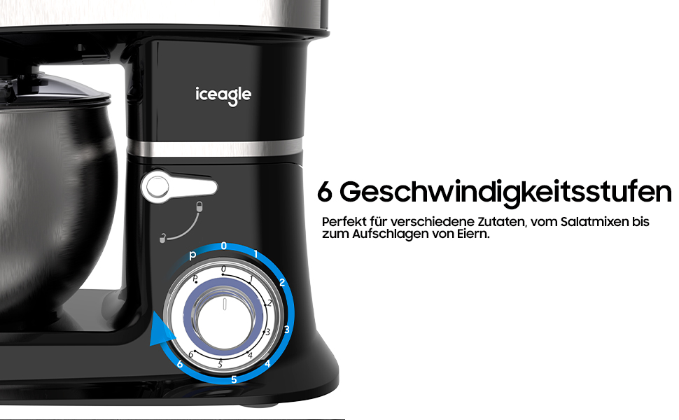 Кухонна машина з чашею 6л з нержавіючої сталі, міксер для тіста з Flexi-мішалкою, гаком для тіста та вінчиком, 6 швидкостей, 1500 Вт