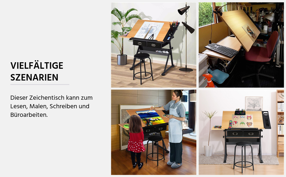 Yaheetech Adjustable Drafting Table with Stool and Drawers - Height Adjustable Desk for Architects, Technicians, and Students - Wood Finish