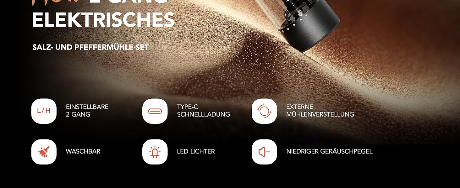 Електрична мельниця для солі та перцю FORLIM, USB-зарядка, регулювання помелу, 7 ступенів, 2 шт. (чорний+білий)