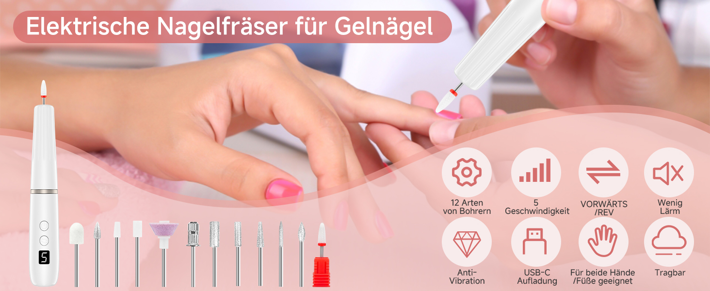 Електрична фрезер для нігтів 12 в 1 - Набір для манікюру з 5 швидкостями, 20000 об/хв, для гелю, акрилу та натуральних нігтів (білий)