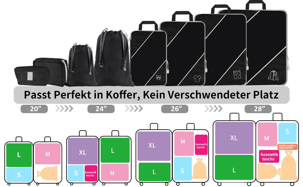 Органайзер для валізи, набір 6 шт. Компресійні кубики для пакування, дорожній органайзер, чорний (8 шт.)