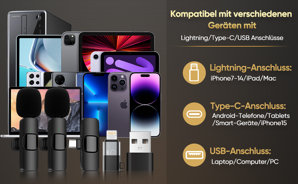 Беспроводной петличный микрофон XZ-K5 для iPhone/iPad/Android/Laptop с шумоподавлением (2 шт.)