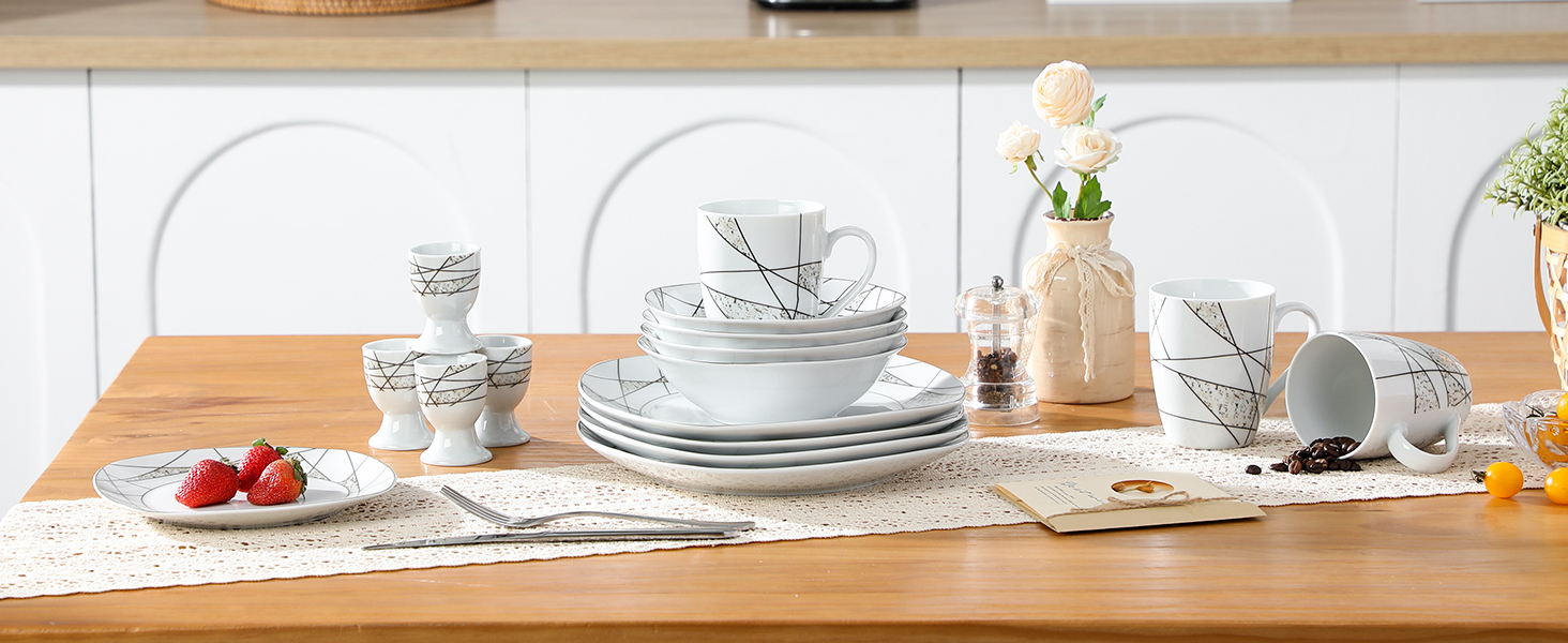 Набір посуду VEWEET 'Serena' з порцеляни, 24 елементи | 6 тарілок для сніданку, десерту, обіду та супу | Сервіз для 6 осіб, ресторану, сім'ї (білий)