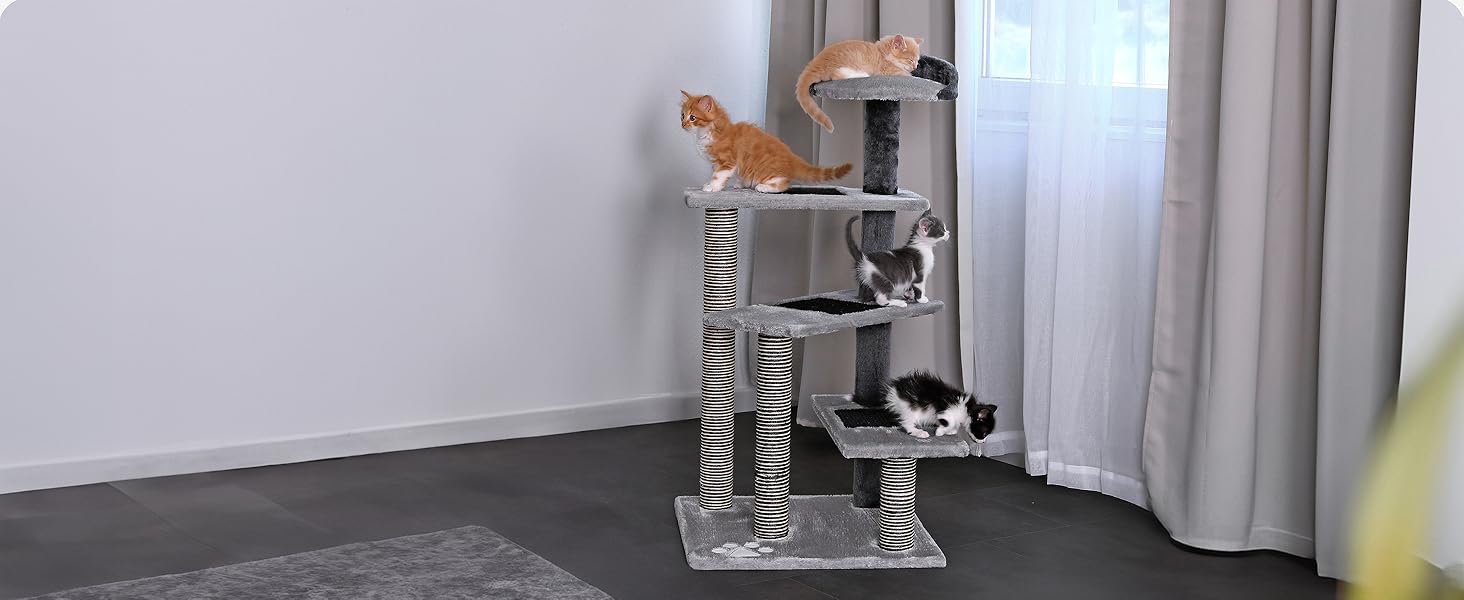 Драбина для котів Lionto з 3 платформами та затишним лежанкою, висота 100 см, котячий будиночок з сизалевим мотузком та м'яким плюшем, підходить для кошенят та великих котів, ідеальний догляд за кігтями, сірий/світло-сірий