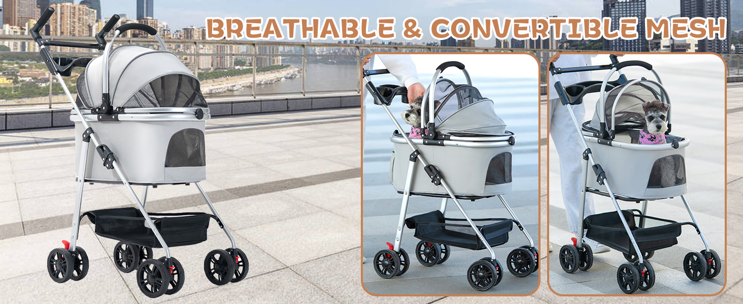 Візок для собак Siairo 3-в-1, сірий. Будка для собак середніх порід до 20 кг, переноска, автокрісло, відділення для їжі