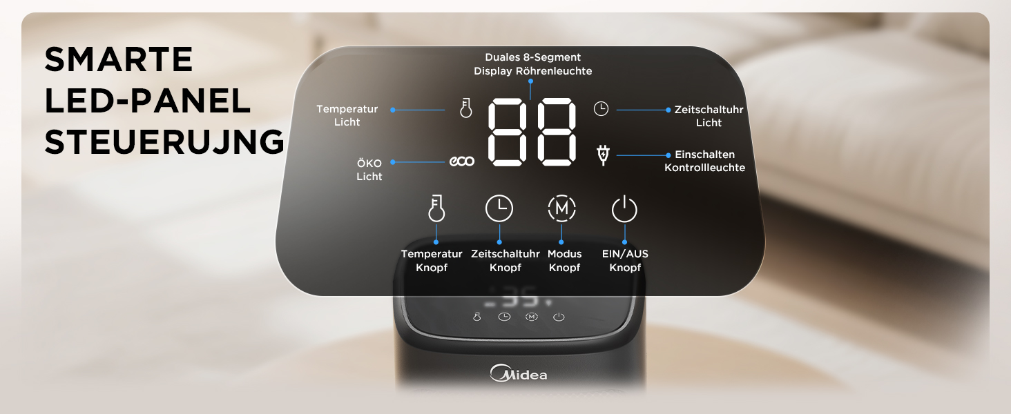 Електричний обігрівач Midea Ceramic 2000W з термостатом, 3 режими, таймер 24г, захист від перегріву та перекидання, миттєве тепло для офісу та спальні, 22 см, чорний