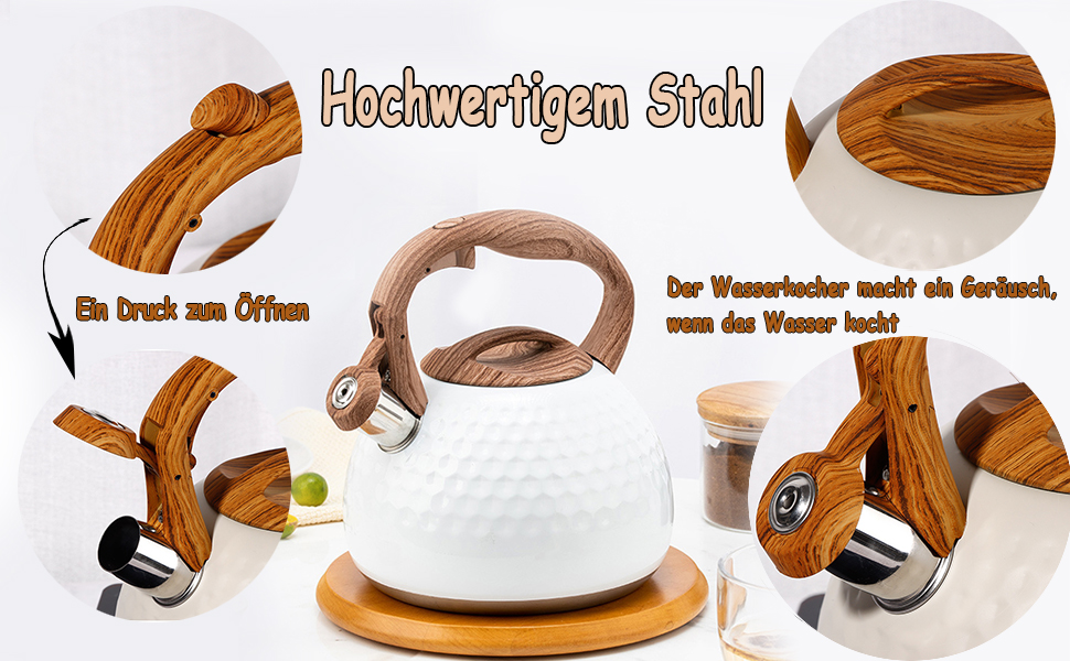 Чайник індукційний 3L з нержавіючої сталі з свистком, для плити, з дерев'яною ручкою, Off White