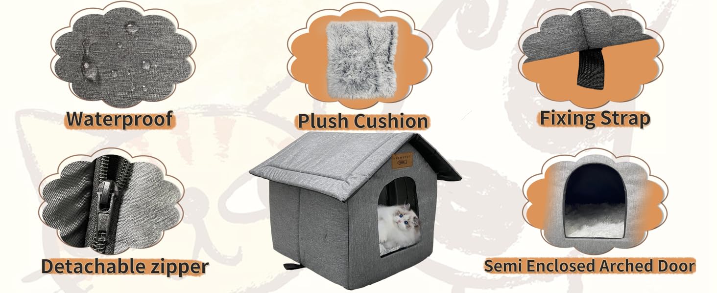 Vinnypet Outdoor Cat House - Winterproof, Waterproof, Warm Pet Shelter with Plush Cushion - Dog House, Stray Animal Shelter - 40x35x40cm Grey