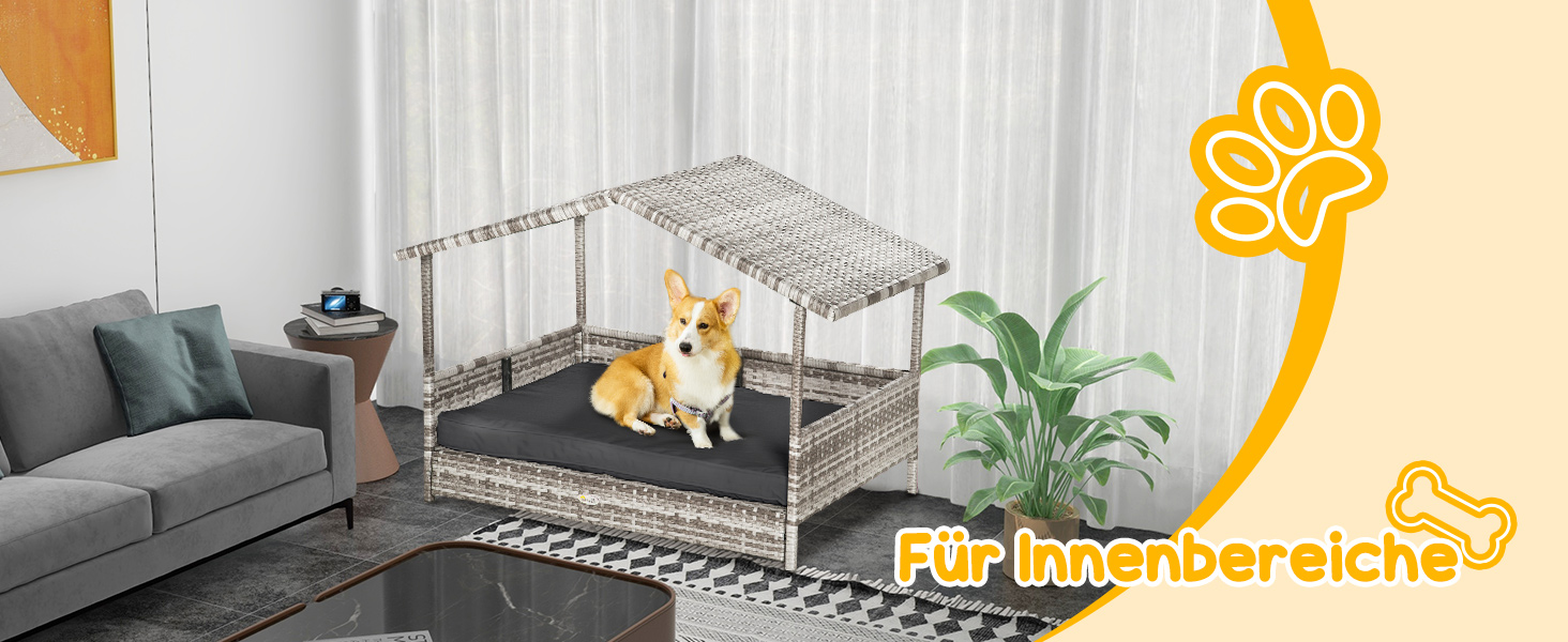 Лежанка для собак PawHut з дахом, ротанг, для вулиці, 69 x 98 x 70 см (Сірий)