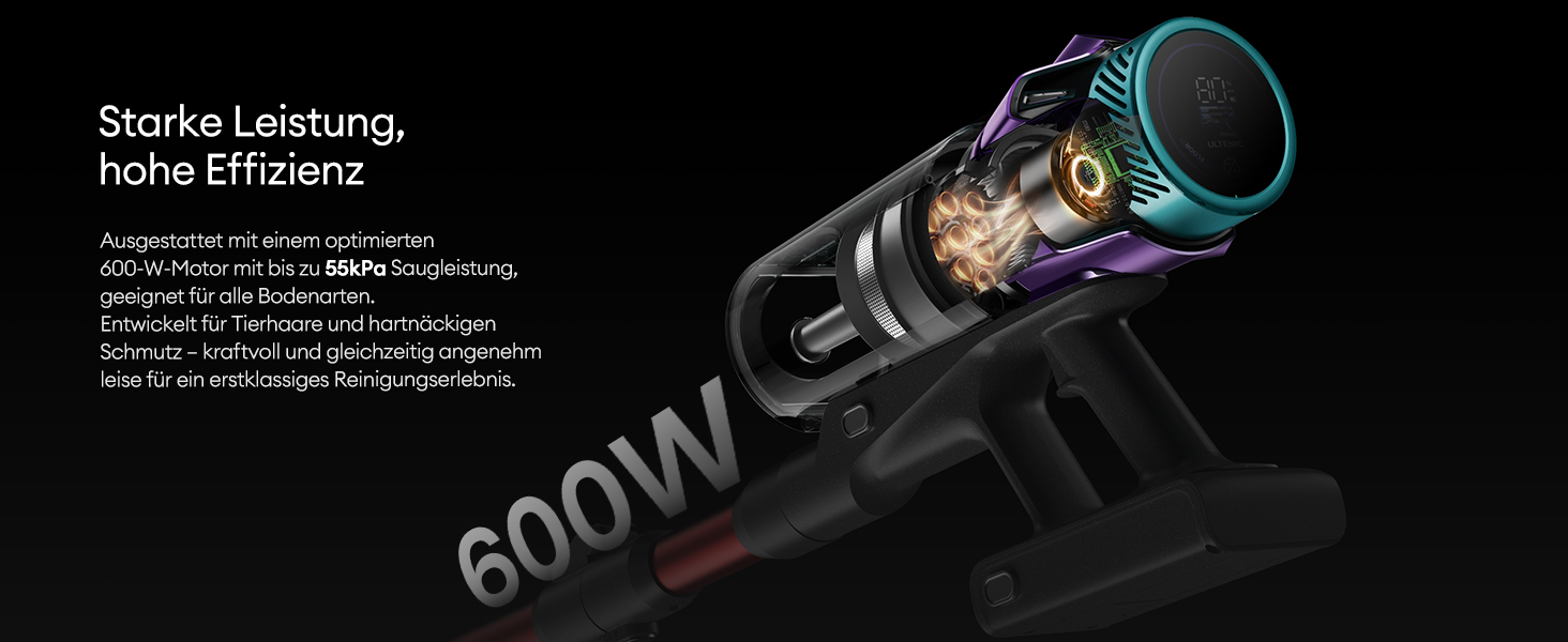 Бездротовий акумуляторний пилосос Ultenic 55000Pa/600W, 80хв, 1.6л, з Multi-Циклон фільтрацією, сенсорним екраном, антизаплутана щітка, док-станція, для шерсті тварин/килимів/твердих підлог, червоний