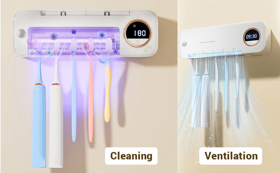 Стерилізатор зубних щіток UV-C та UV-A, настінний тримач з функцією повітряної сушки, для дому та подорожей (білий)