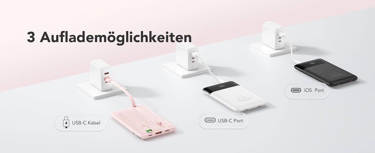 Повербанк VEGER 10000mAh 22.5W з вбудованим кабелем USB-C, рожевий