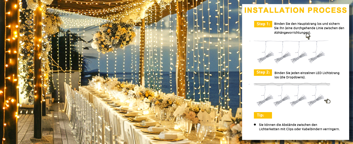 Ланцюжок прикрас з LED-підсвічуванням 300 LED, 3x3м, для декорування вікон, стін, святкування вечірок та весіль. 8 режимів, вологостійкий, холодний білий колір.