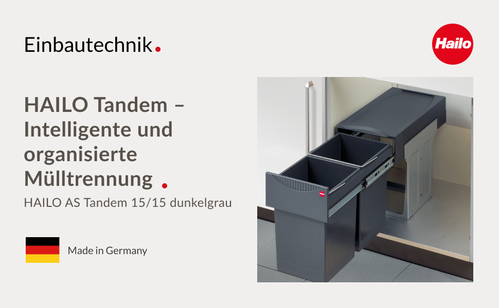 Вбудований контейнер для сміття Hailo Tandem 3666101 – система сортування сміття, 2х15л, повний висув, телескопічні направляючі, для кухонних шаф від 30 см, темно-сірий