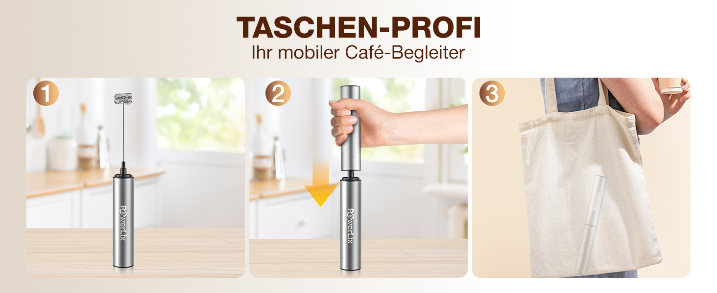 POWERLIX Pro 3-в-1 Електричний Молочний Піноутворювач Ручний - USB-C, Акумулятор, 10 000 об/хв, Змінні Насадки для Латте Макіато/Капучино/Збитий Крем, Портативний Барista