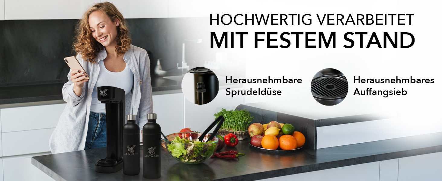 Газова машина Infinity з 2 пляшками по 1,25 л з нержавіючої сталі - економія до 25% CO2 завдяки автоматичній зупинці, пляшки придатні для миття в посудомийній машині та без терміну придатності. Чорний колір.