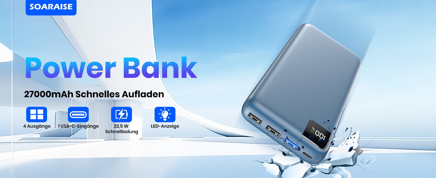 Power Bank SOARAISE 27000mAh з LED-дисплеєм: зарядний акумулятор для телефону та планшета (блакитний)
