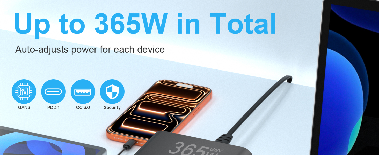 Зарядний пристрій USB-C 365W YSYFAD з 6 портами, PD 100W, QC 3.0, LED індикатор - для MacBook, ноутбуків, iPhone, iPad (Чорний)