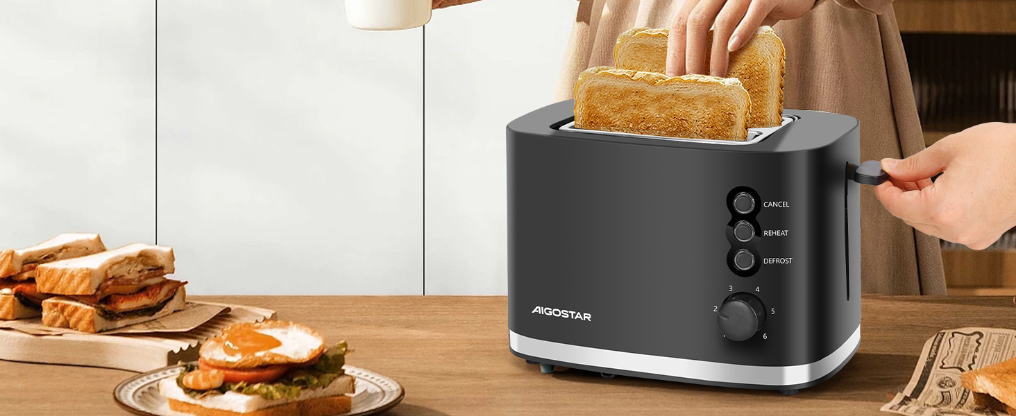 Тостер Aigostar Energy з 2 слотами для тостів, підставка для булочок, 6 рівнів підсмажування, функції відключення, розморожування та підігріву, знімний піддон для крихт, 800W, чорний