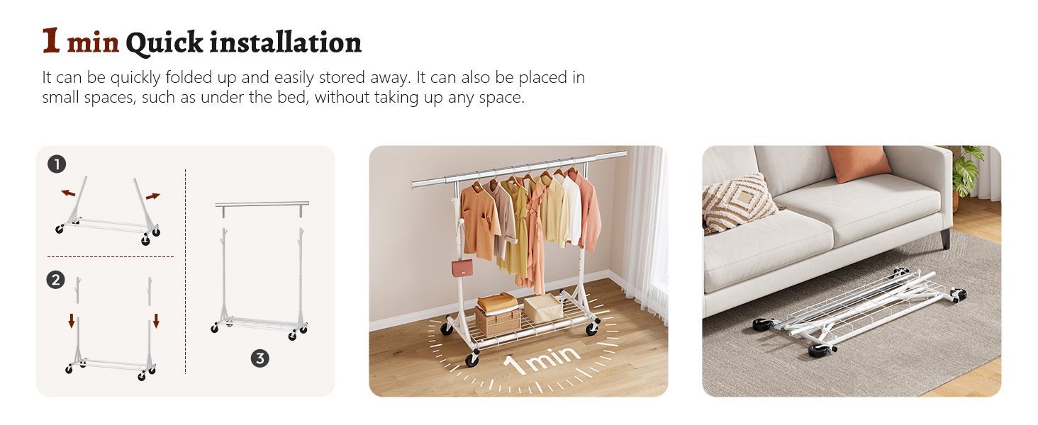 Стійка для одягу на колесах FAVOOOSTY, металева, мобільна, до 200 кг, швидка збірка, білий колір, 1 перекладина