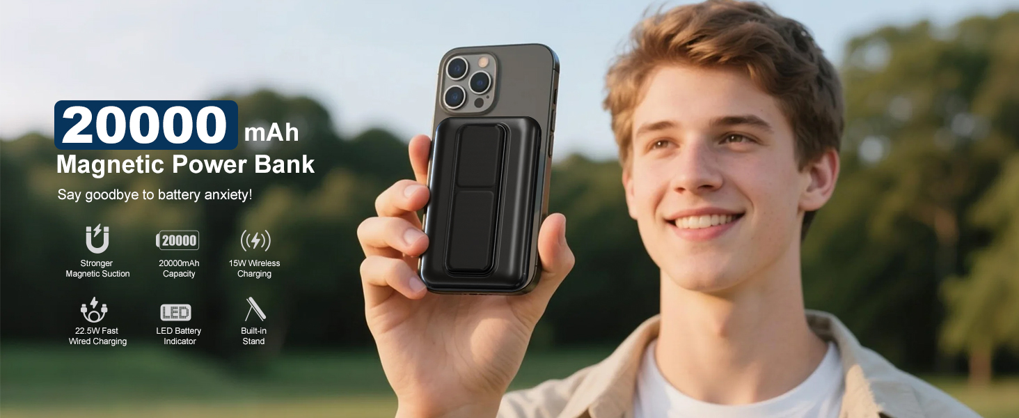 Портативний зарядний пристрій 20000mAh з MagSafe, PD 22.5W, USB-A, магнітне підключення, бездротова зарядка 15W, LED дисплей, чорний