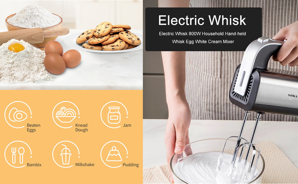 Міксер SOKANY 800W з нержавіючої сталі, 5 швидкостей, 2 гачки для тіста та 2 вінчики (CX-6651)