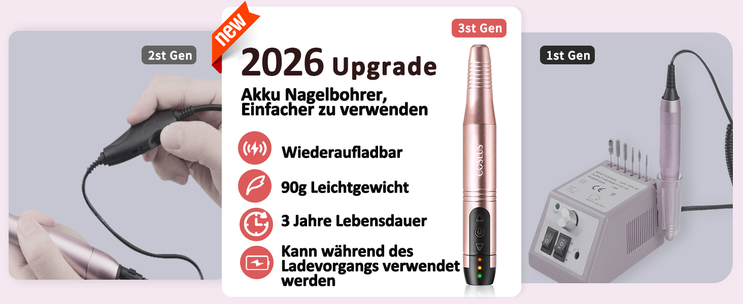 COSLUS Бездротовий портативний фрезер для нігтів 11 в 1: манікюр та педикюр, фрезер для гелю та акрилу, рожеве золото