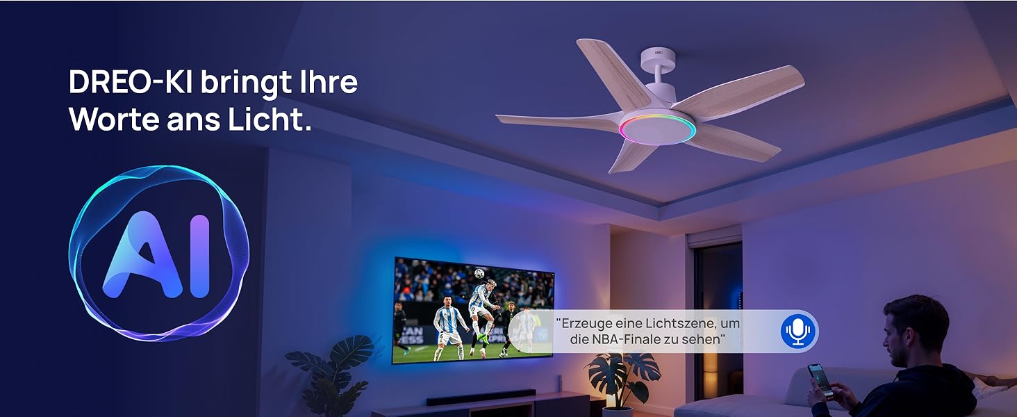 DREO Стельовий вентилятор з LED підсвіткою 132 см, диммування, RGB, DC мотор, управління через додаток та Alexa, білий