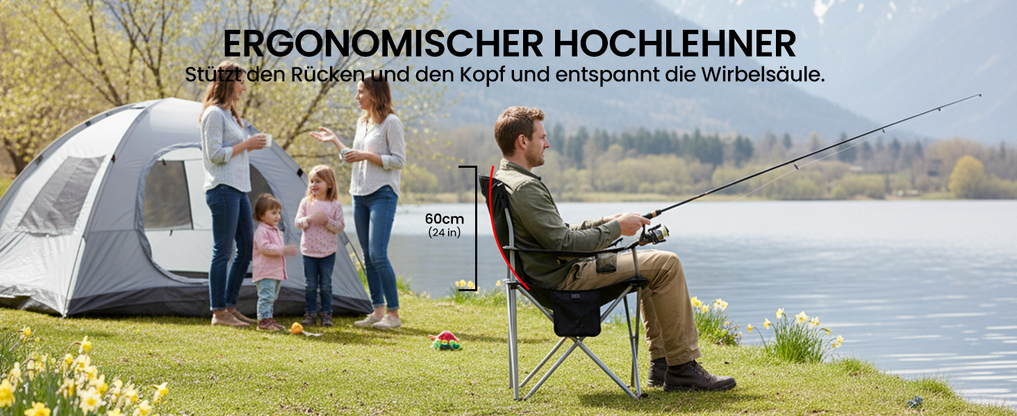 Кемпінговий стілець розкладний (до 200 кг) з подушкою 6 см - великий стілець для риболовлі, кемпінгу, саду та фестивалів. Міцний стілець з бічними кишенями та сумкою для транспортування (чорно-сірий, поодинокий)