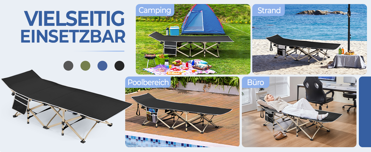 Ліжко гостьове Yaheetech складане, кемпінгове, з бічною кишенею та сумкою для транспортування, до 150 кг (Чорне)