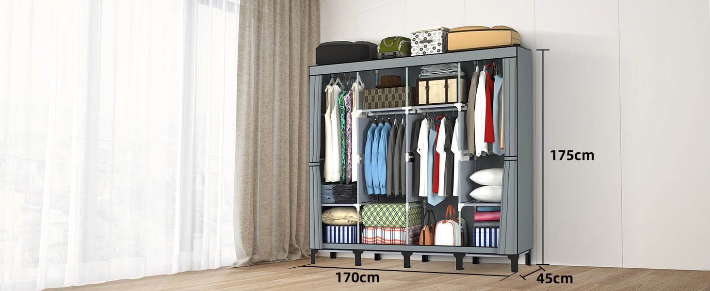 Тканинна шафа LOEFME 170x175x45 см для спальні з 2 рейками для вішалок