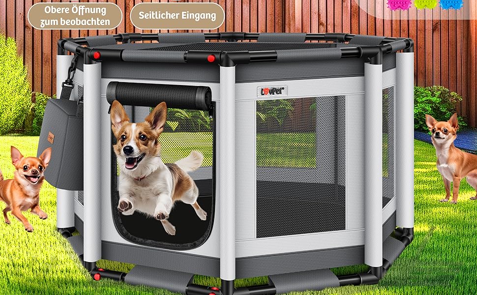 LOVPET® Indoor/Outdoor Dog Playpen - Puppy Pen, Dog Cage with Oxford Fabric, Small Animal Enclosure, Cat Run - Includes Toys & Pads, 72x72x43cm, Anthracite Gray