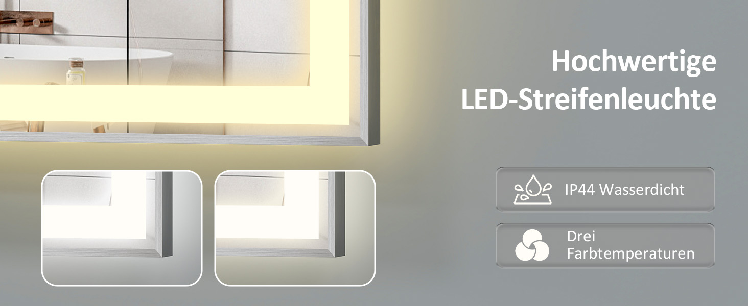 Дзеркало YOURLITE з підсвічуванням 70x50 см, LED дзеркало для ванної кімнати з годинником, сенсорне керування, 3 кольори світла, регулювання яскравості, антизапарник, пам'ять, срібний