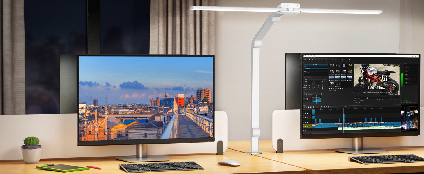KableRika LED Desk Lamp - Dimmable 24W 80cm Dual-Head Desk Lamp with Clamp, 1200lm Eye Protection, Adjustable Gooseneck, Monitor Light, Daylight Lamp, Auto-Dimming (White)