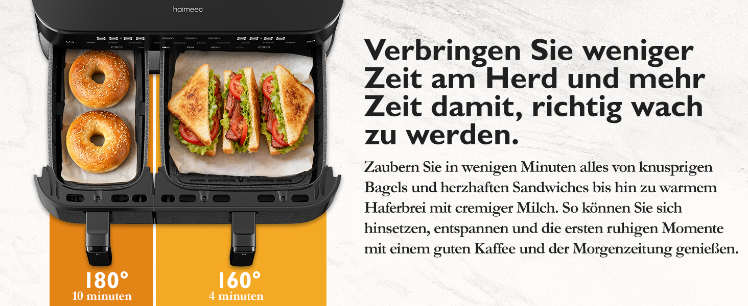 Електрична фритюрниця повітряна 11л, 2 камери з грилем, 10-в-1, без олії, з нагадуванням про струшування <60дБ, з антипригарним покриттям, 78 рецептів