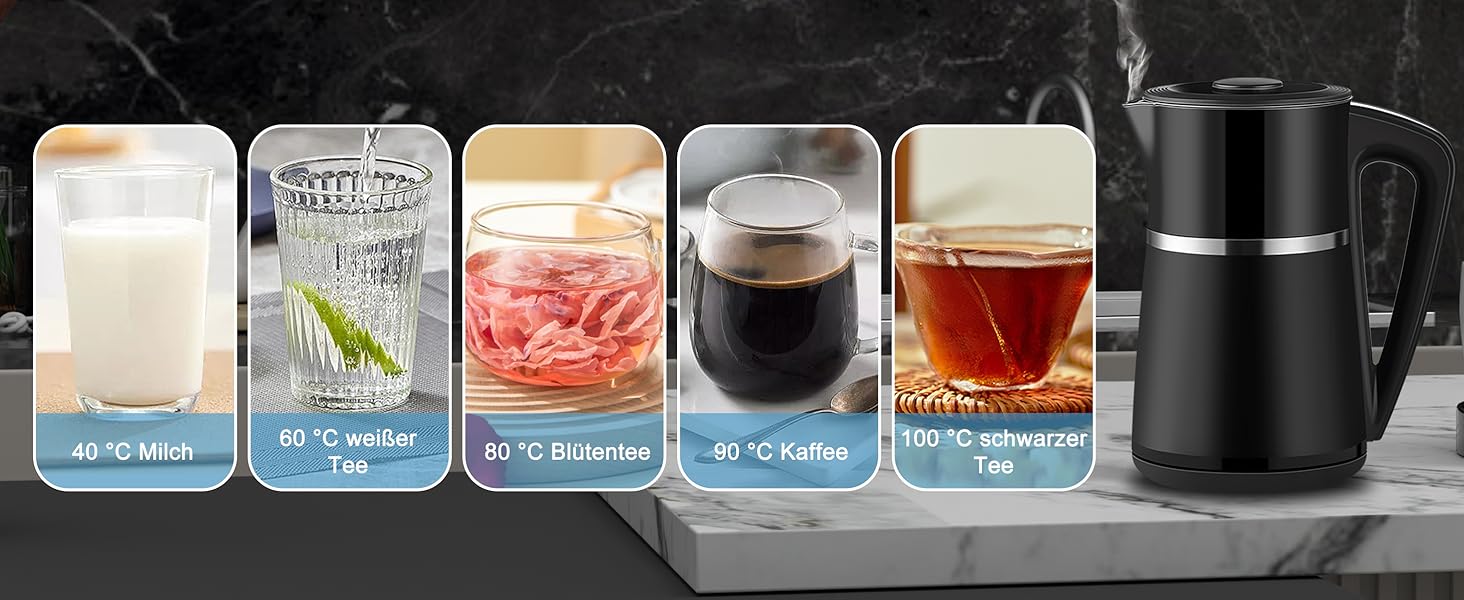 Електричний чайник WANNYTON з регулюванням температури 40-100°C, 1.7 л, 2200 Вт, чорний