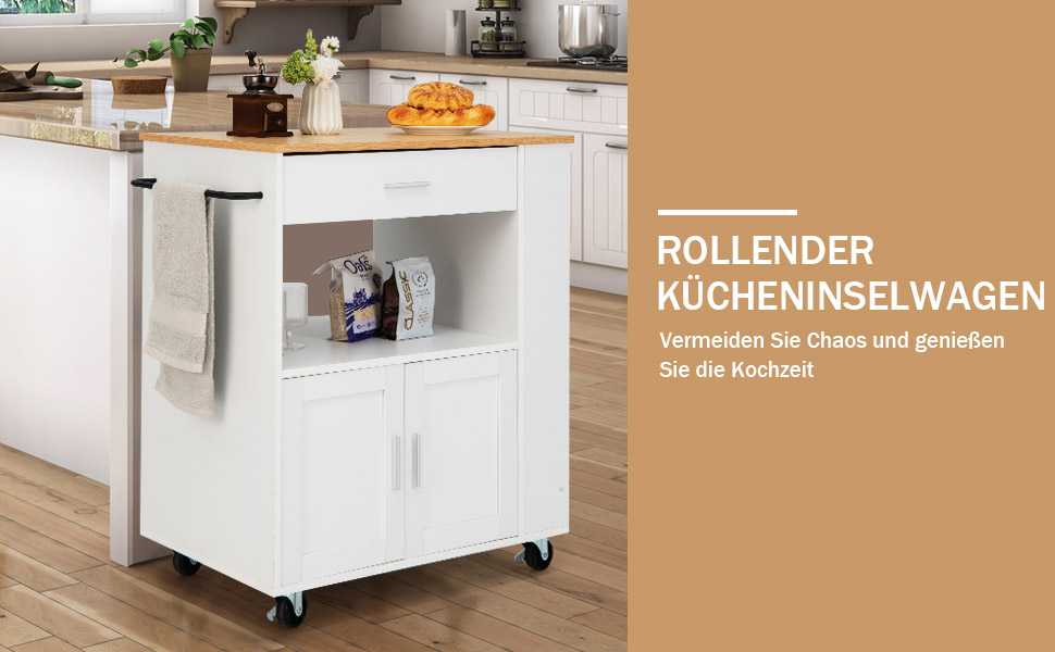 Giantex Rolling Kitchen Cart with Drop Leaf Top, Kitchen Island with Storage, Mobile Kitchen Island Wood, Kitchen Storage Cabinet Serving Cart with Drawer & 3 Shelves (White)