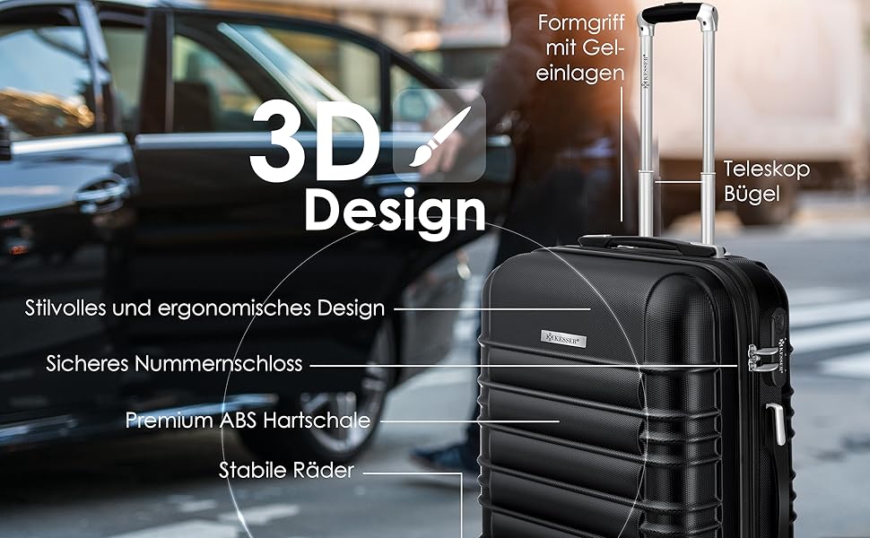 Валіза KESSER® на колесах, жорсткий ABS-кейс із замком, вага та багажна бірка, 55 см, 55 л, чорна