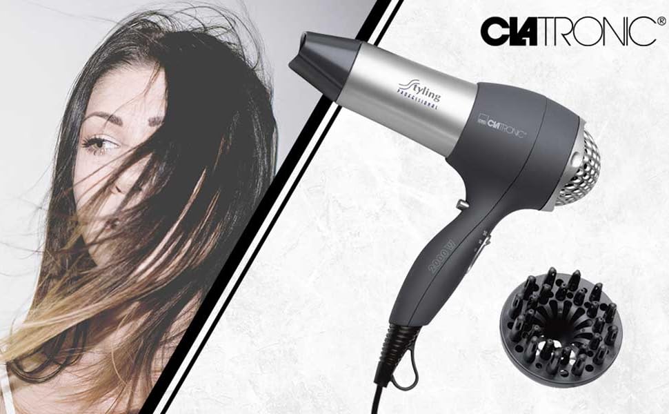 Фен для волосся Clatronic HTD 3055 2000 Вт з дифузором, концентратором та функцією холодного обдуву (Cool Shot), 3 рівні потужності