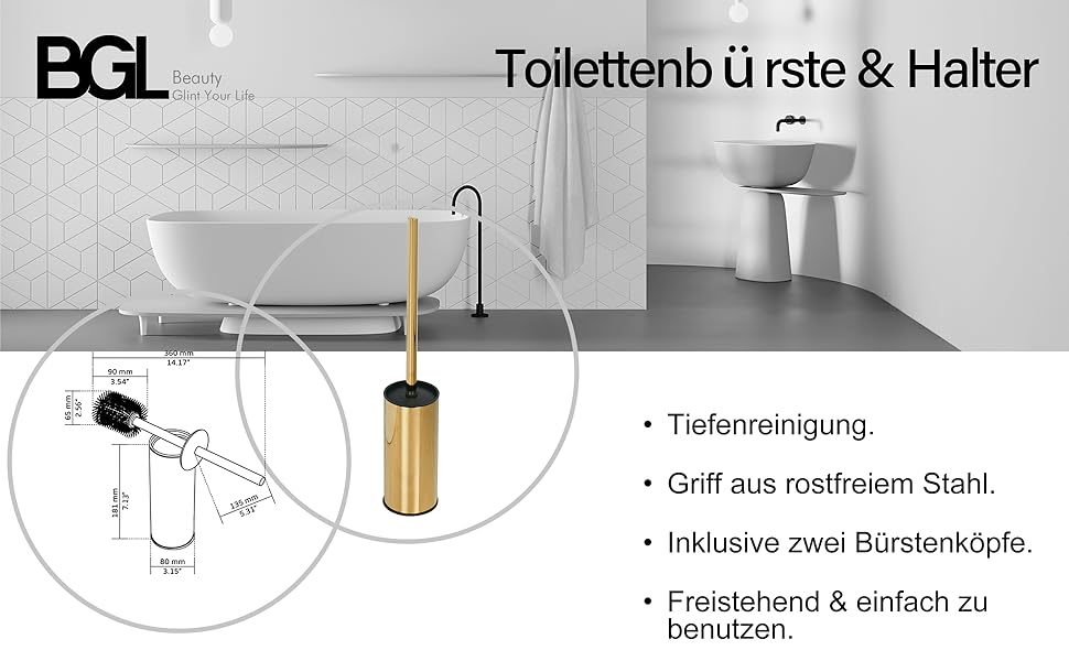 Тримач для унітазної щітки BGL, нержавіюча сталь, золотистий, круглий, підлоговий, для ванної кімнати